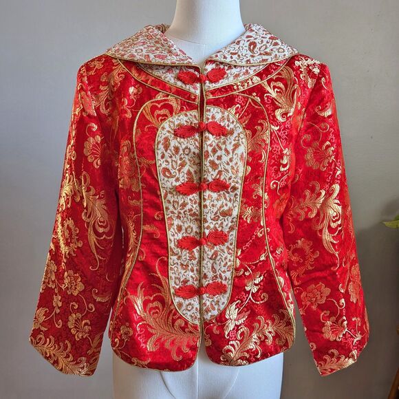 Huamei Jackets & Blazers - Huamei Red Brocade Jacket Traditional Chinese Gold Frog Closure Size 15